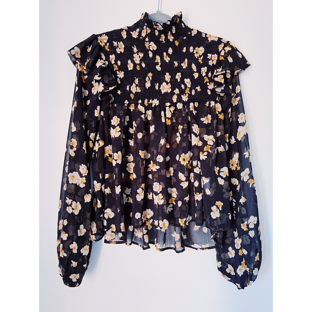 Black Floral Flowing Top w/ High Neck